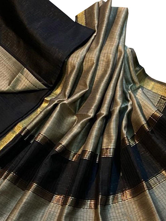 Grey And Black Maheshwari Silk Cotton Three Piece Unstitched Suit Set - Luxurion World