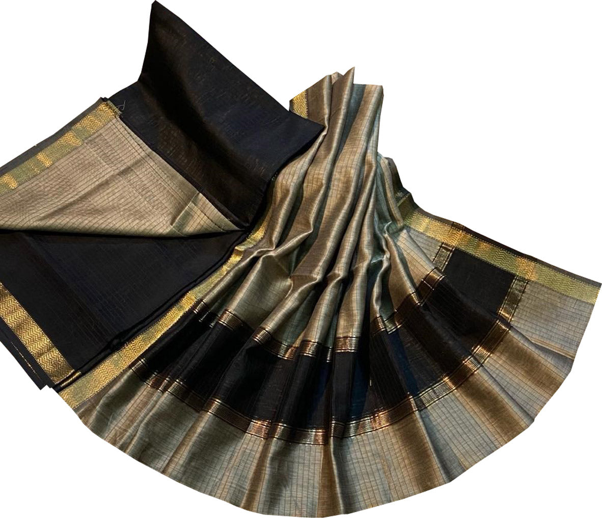 Grey And Black Maheshwari Silk Cotton Three Piece Unstitched Suit Set - Luxurion World