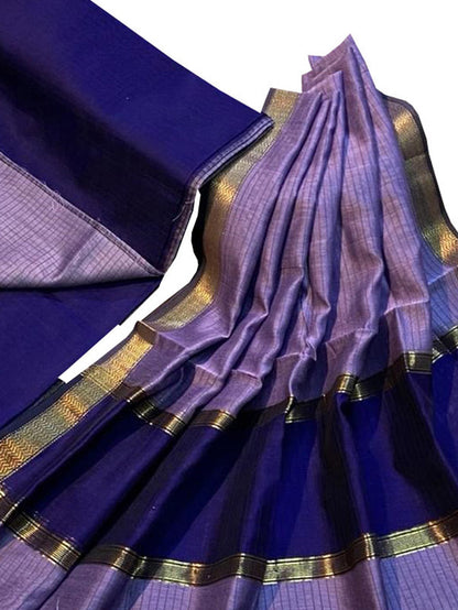 Purple And Blue Maheshwari Silk Cotton Three Piece Unstitched Suit Set