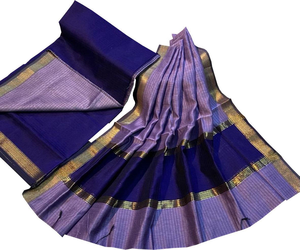 Purple And Blue Maheshwari Silk Cotton Three Piece Unstitched Suit Set