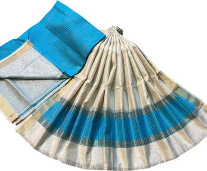 Off White And Blue Maheshwari Silk Cotton Three Piece Unstitched Suit Set - Luxurion World