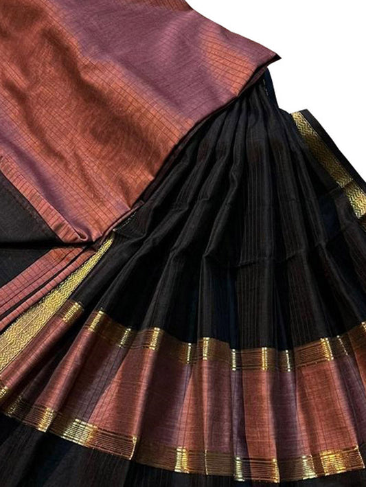 Black And Pink Maheshwari Silk Cotton Three Piece Unstitched Suit Set - Luxurion World