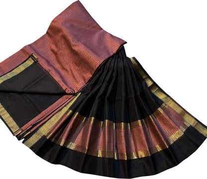 Black And Pink Maheshwari Silk Cotton Three Piece Unstitched Suit Set - Luxurion World