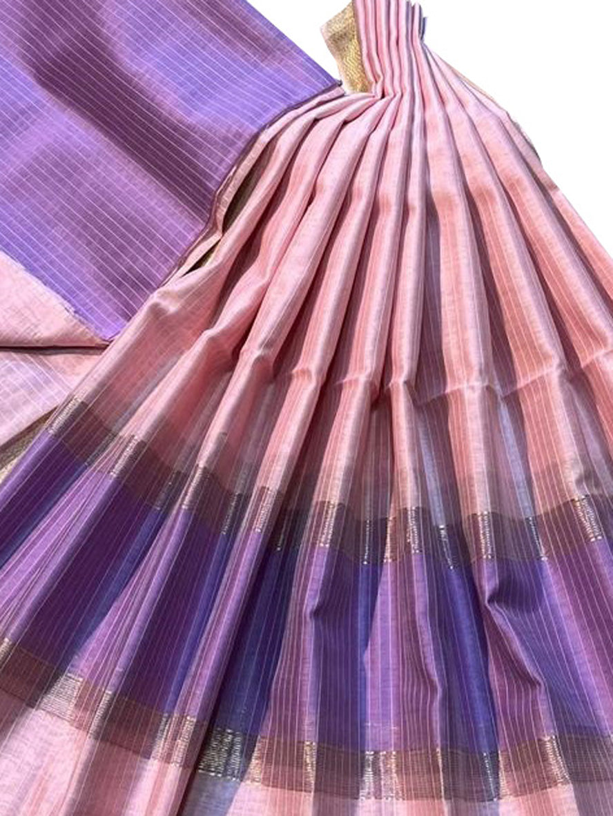 Pink And Purple Maheshwari Silk Cotton Three Piece Unstitched Suit Set - Luxurion World