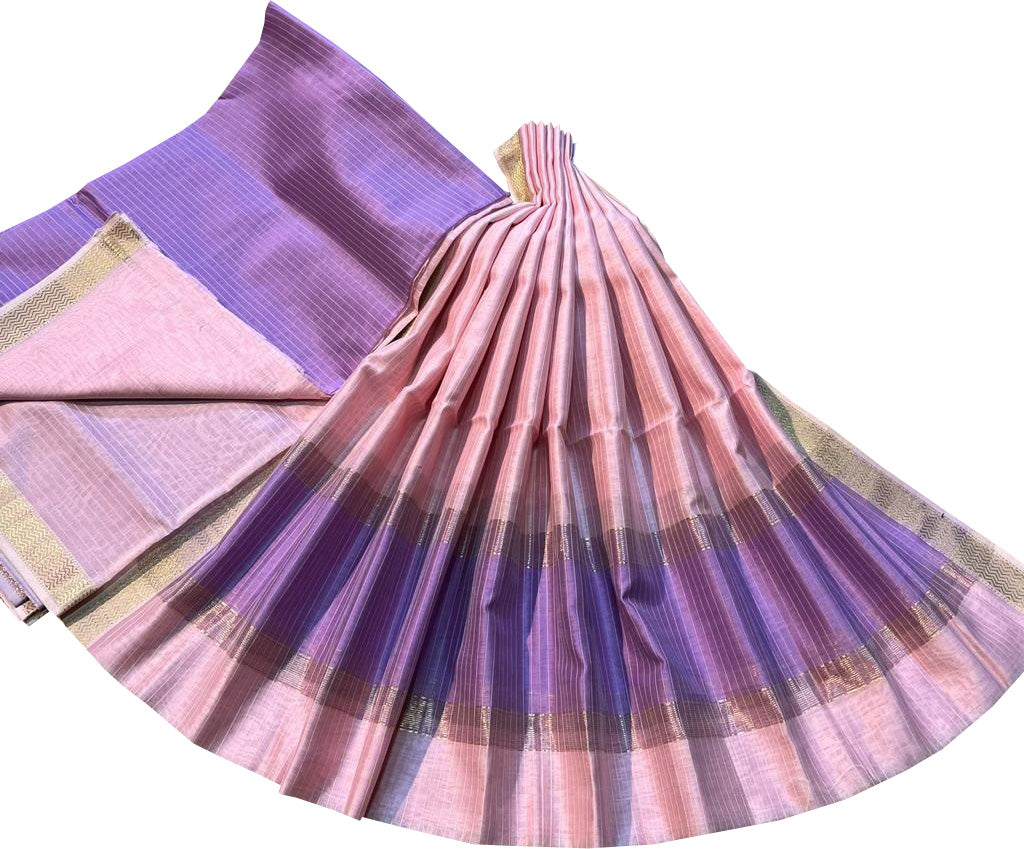 Pink And Purple Maheshwari Silk Cotton Three Piece Unstitched Suit Set - Luxurion World