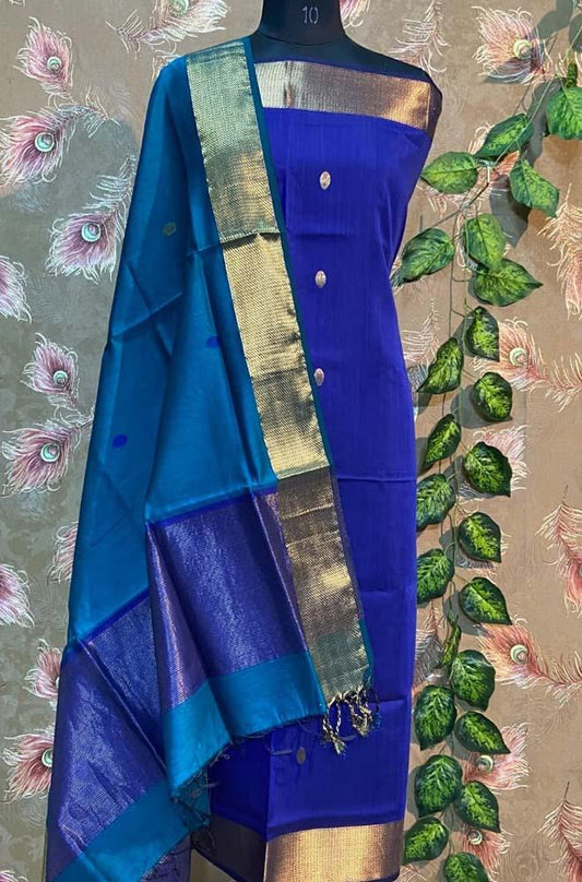Blue Handloom Maheshwari Silk Cotton 2 Piece Unstitched Suit Set - Luxurion World