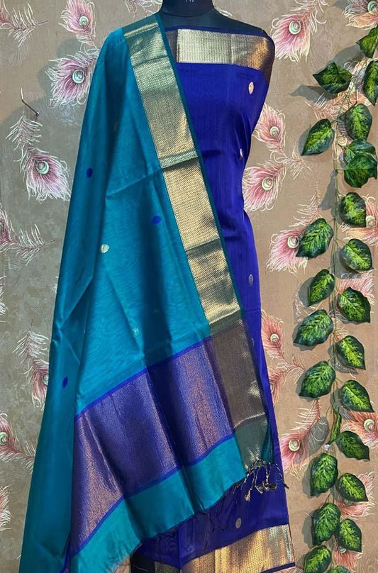Blue Handloom Maheshwari Silk Cotton 2 Piece Unstitched Suit Set - Luxurion World