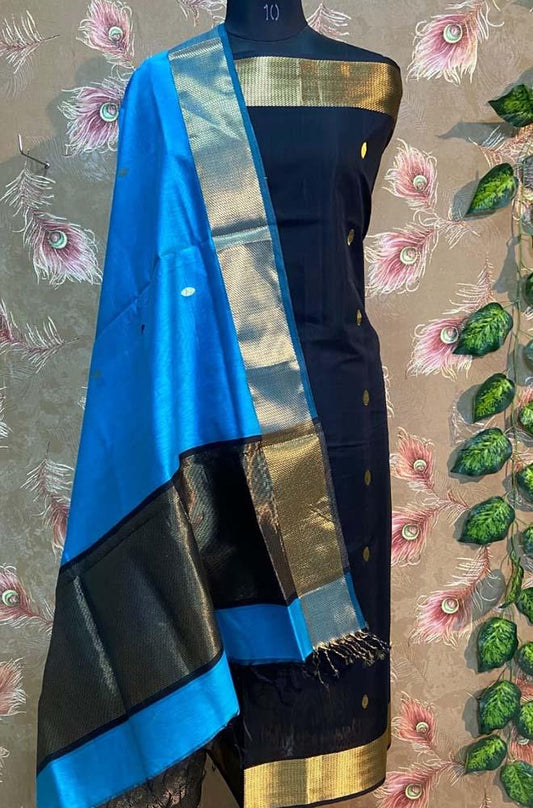 Blue Handloom Maheshwari Silk Cotton 2 Piece Unstitched Suit Set - Luxurion World