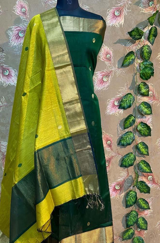 Green Handloom Maheshwari Silk Cotton 2 Piece Unstitched Suit Set - Luxurion World