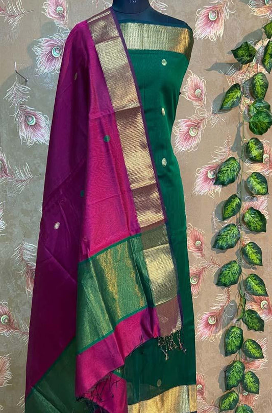 Green Handloom Maheshwari Silk Cotton 2 Piece Unstitched Suit Set - Luxurion World