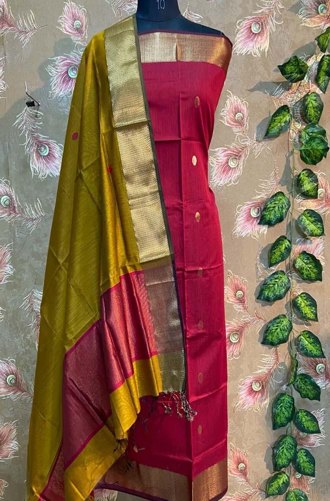 Red Handloom Maheshwari Silk Cotton 2 Piece Unstitched Suit Set - Luxurion World