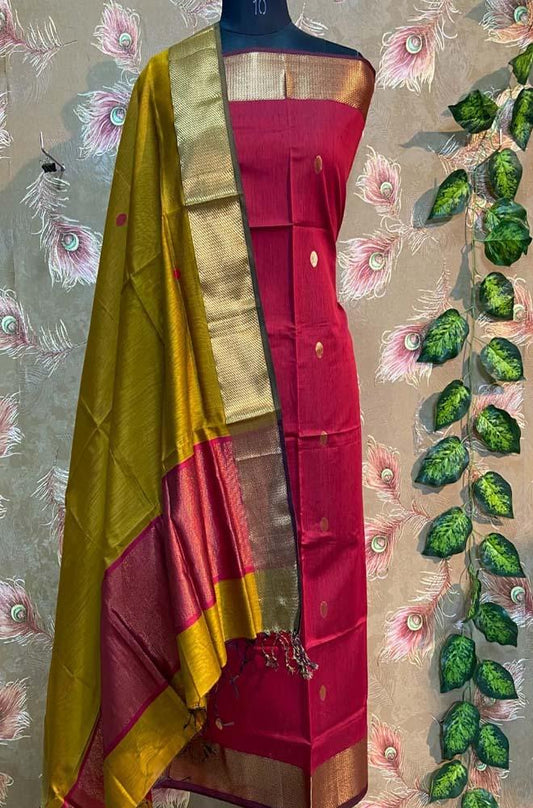 Red Handloom Maheshwari Silk Cotton 2 Piece Unstitched Suit Set - Luxurion World
