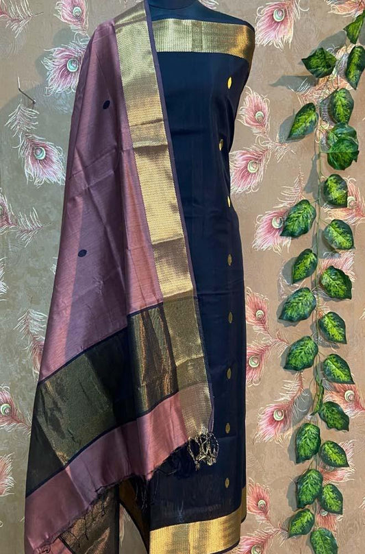 Blue Handloom Maheshwari Silk Cotton 2 Piece Unstitched Suit Set - Luxurion World