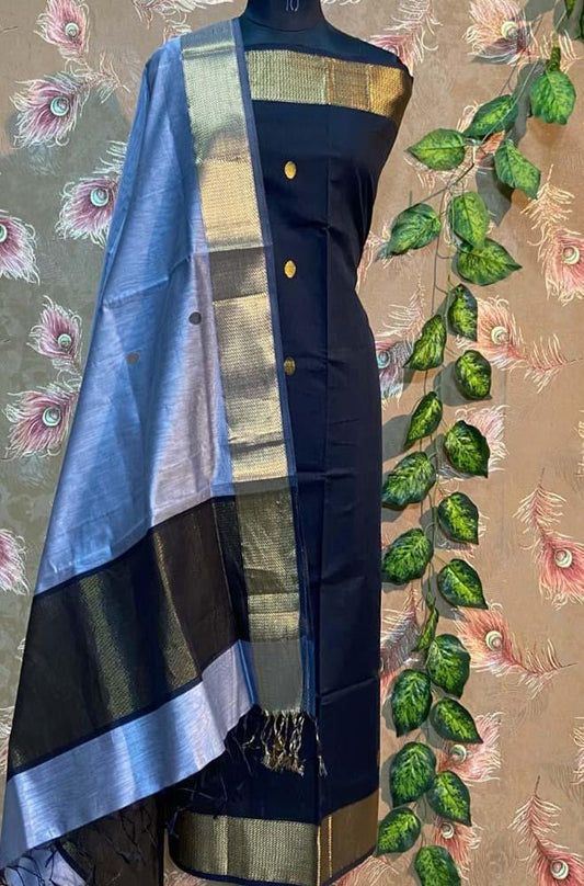 Blue Handloom Maheshwari Silk Cotton 2 Piece Unstitched Suit Set - Luxurion World