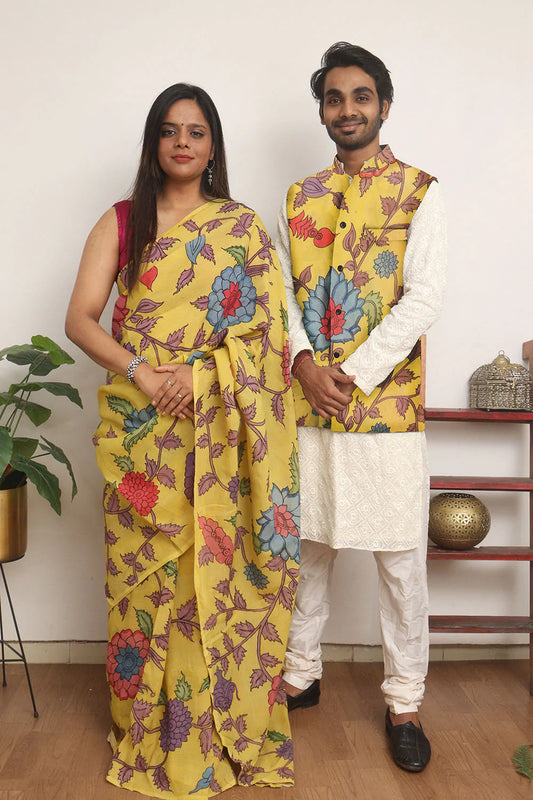 Yellow Pen Kalamkari Pure Silk Couple Set