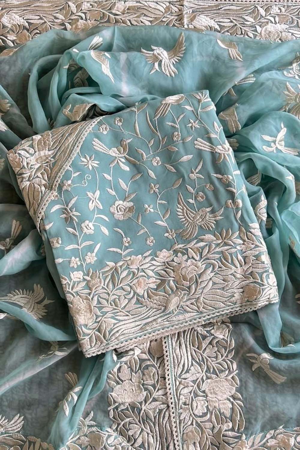 Blue Parsi Embroidered Georgette Three Piece Unstitched Suit Set - Luxurion World
