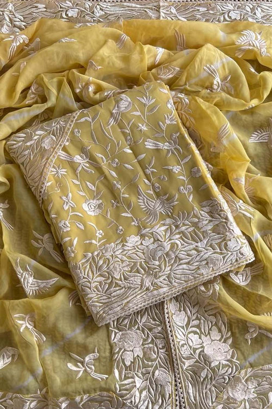 Yellow Parsi Embroidered Georgette Three Piece Unstitched Suit Set - Luxurion World