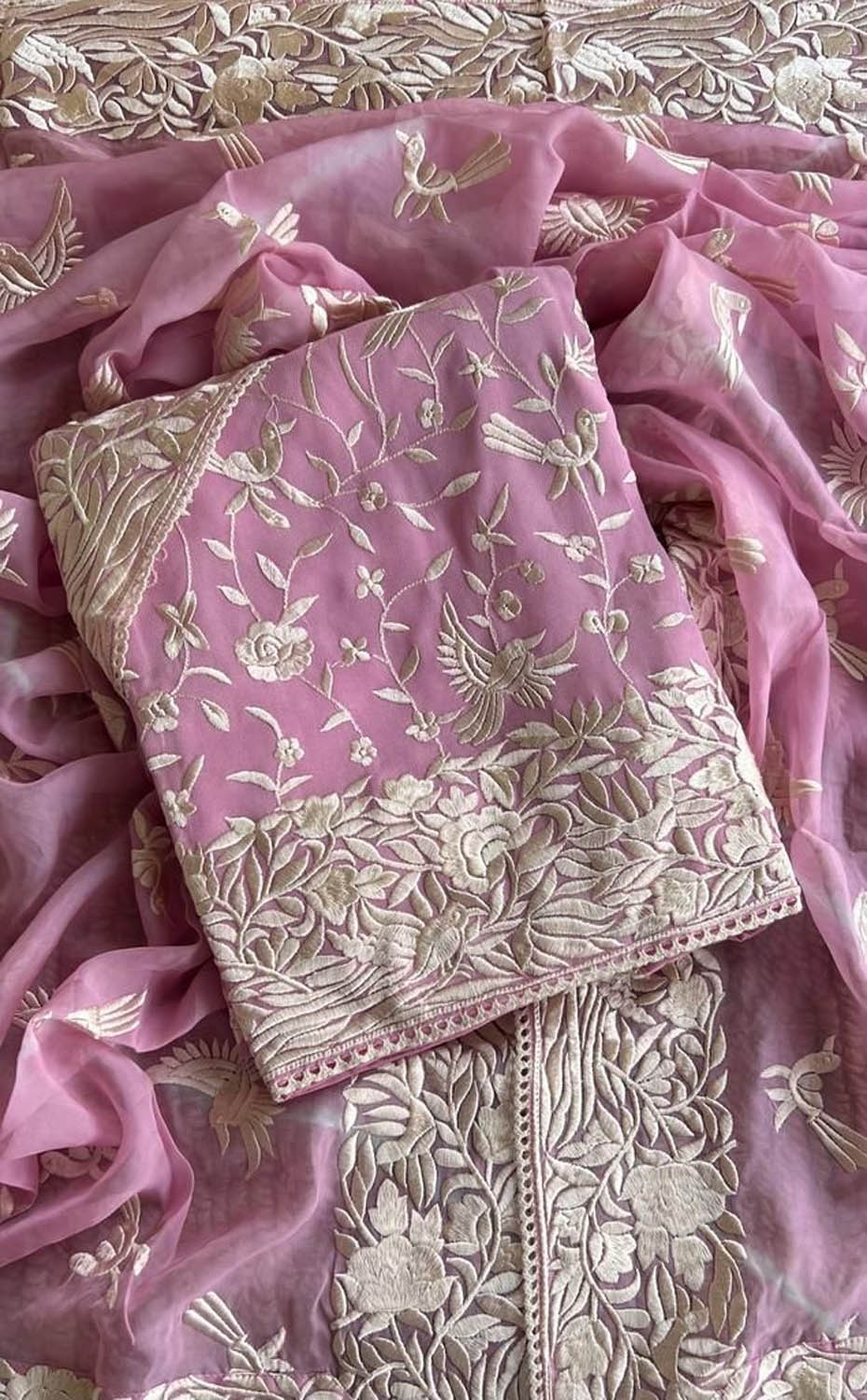 Pink Parsi Embroidered Georgette Three Piece Unstitched Suit Set - Luxurion World