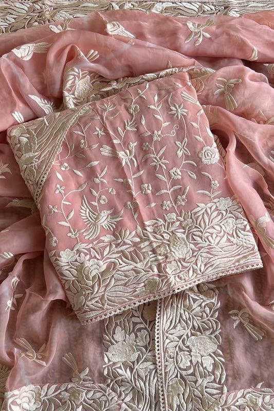 Pink Parsi Embroidered Georgette Three Piece Unstitched Suit Set - Luxurion World