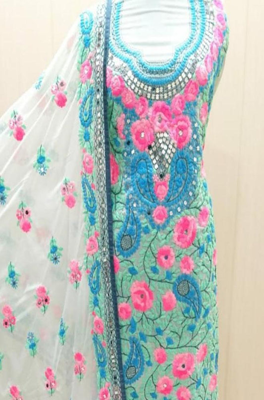 Blue Embroidered Phulkari Georgette Three Piece Unstitched Suit Set - Luxurion World
