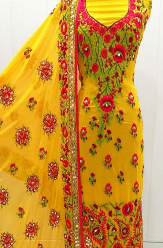 Yellow Embroidered Phulkari Georgette Three Piece Unstitched Suit Set - Luxurion World