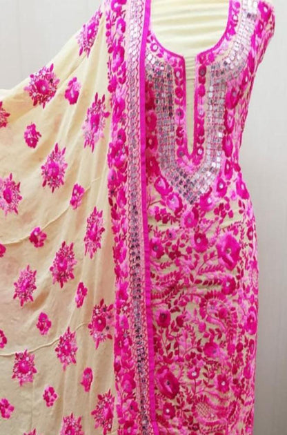 Pink Embroidered Phulkari Georgette Three Piece Unstitched Suit Set - Luxurion World