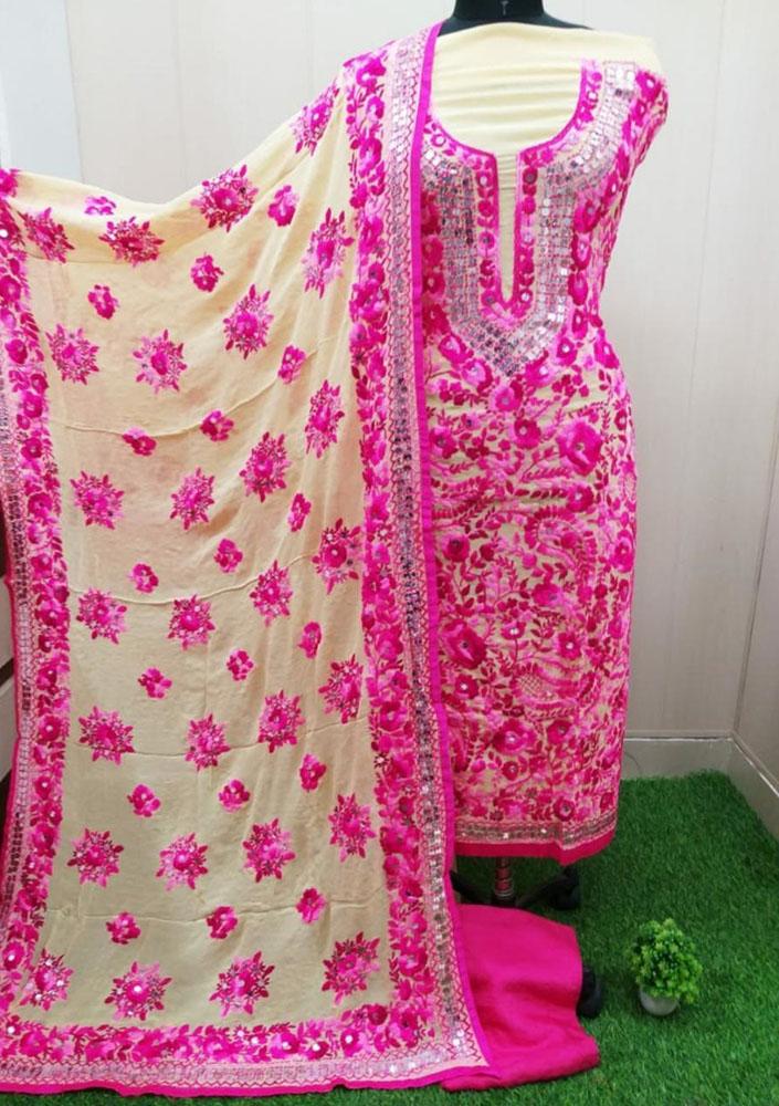 Pink Embroidered Phulkari Georgette Three Piece Unstitched Suit Set - Luxurion World