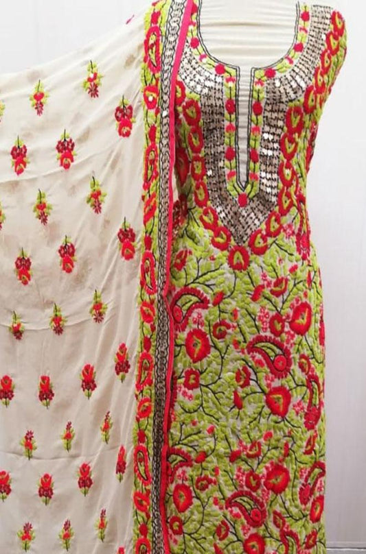 Green Embroidered Phulkari Georgette Three Piece Unstitched Suit Set - Luxurion World