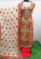 Green Embroidered Phulkari Georgette Three Piece Unstitched Suit Set - Luxurion World