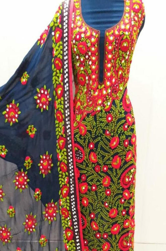 Blue Embroidered Phulkari Georgette Three Piece Unstitched Suit Set - Luxurion World