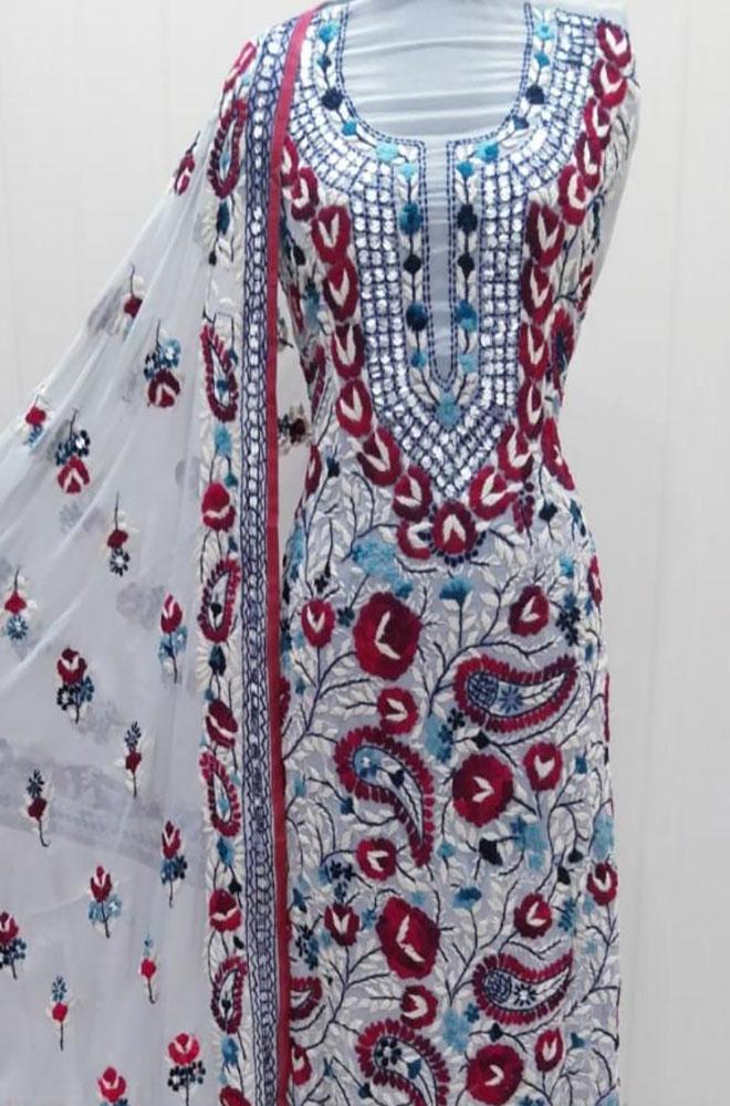 Off White Embroidered Phulkari Georgette Three Piece Unstitched Suit Set - Luxurion World