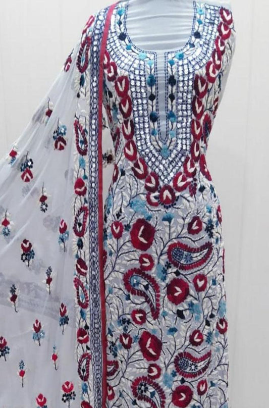 Off White Embroidered Phulkari Georgette Three Piece Unstitched Suit Set - Luxurion World