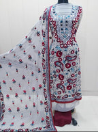 Off White Embroidered Phulkari Georgette Three Piece Unstitched Suit Set - Luxurion World