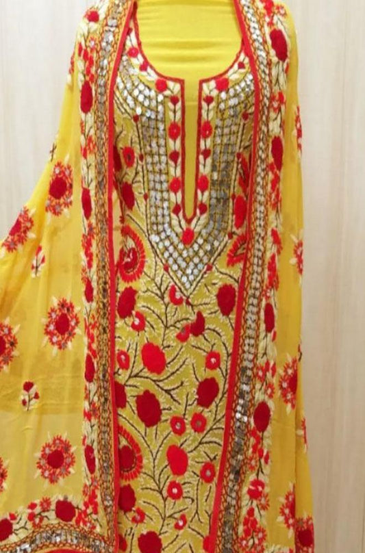 Yellow Embroidered Phulkari Georgette Three Piece Unstitched Suit Set - Luxurion World