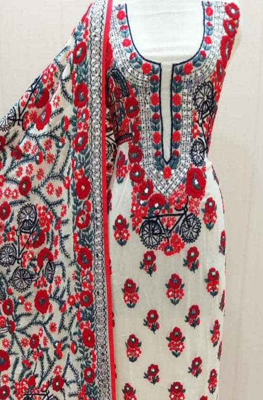 Multicolor Embroidered Phulkari Georgette Three Piece Unstitched Suit Set - Luxurion World