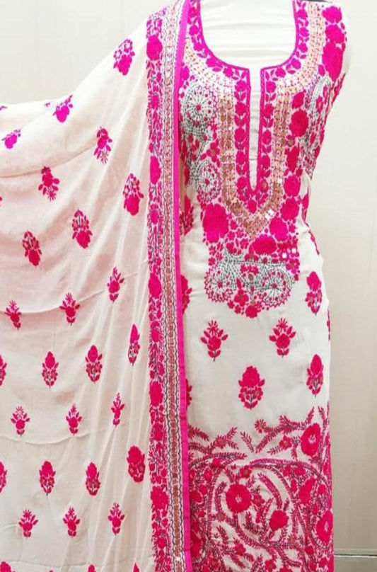 Off White And Pink Embroidered Phulkari Georgette Three Piece Unstitched Suit Set - Luxurion World