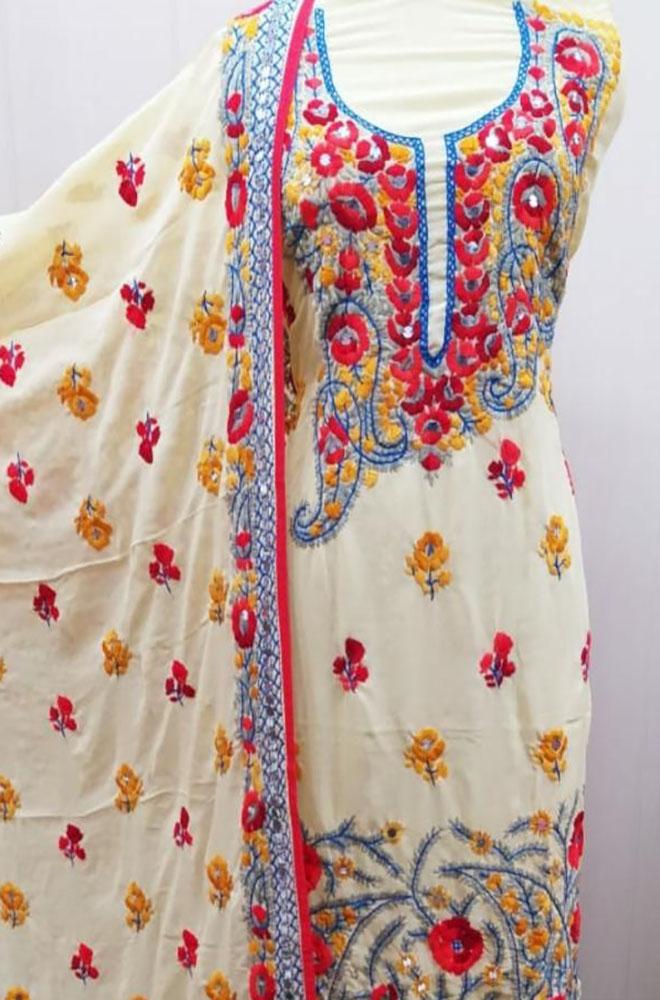 Multicolor Embroidered Phulkari Georgette Three Piece Unstitched Suit Set - Luxurion World