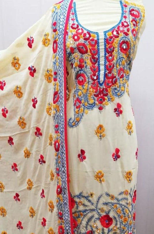 Multicolor Embroidered Phulkari Georgette Three Piece Unstitched Suit Set - Luxurion World
