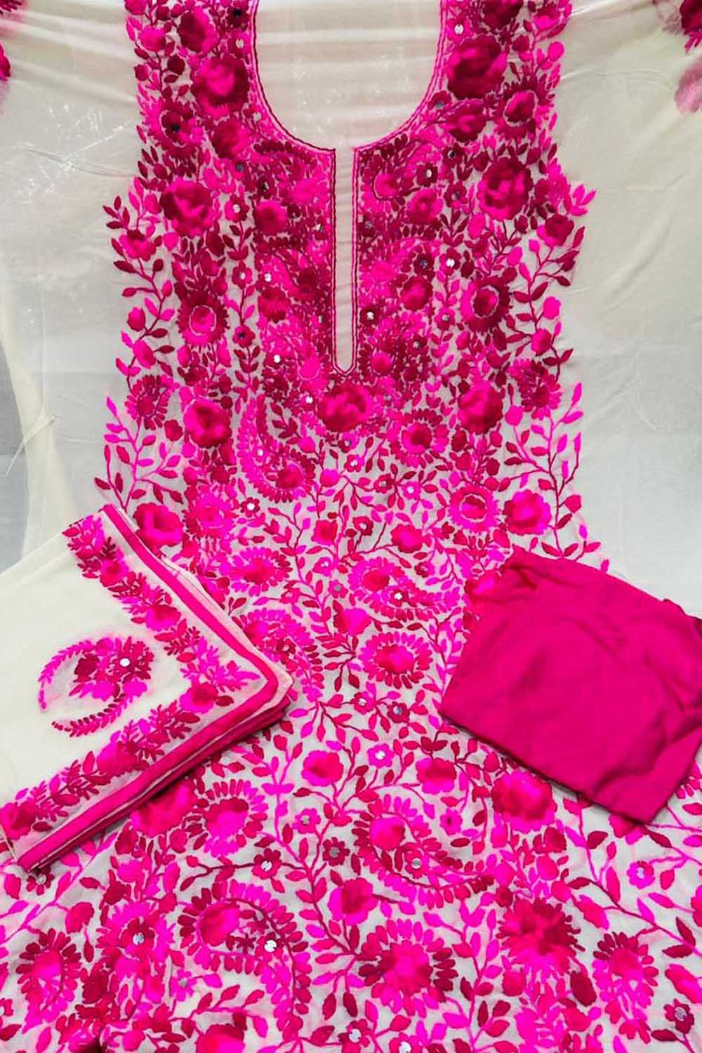 Hand Embroidered Off White & Pink Phulkari Georgette Suit Set - Luxurion World