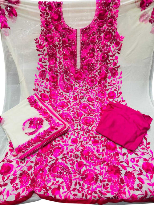 Hand Embroidered Off White & Pink Phulkari Georgette Suit Set - Luxurion World