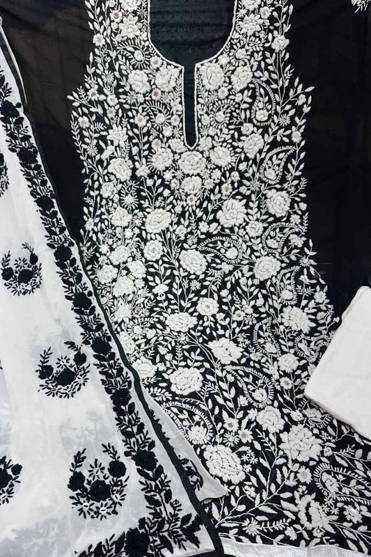 Stunning Black and White Phulkari Georgette Suit Set with Hand Embroidery