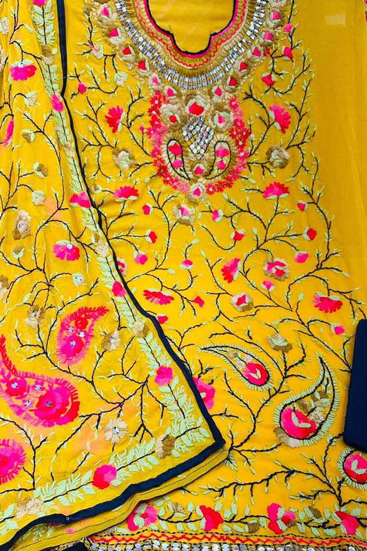 Stunning Yellow Phulkari Georgette Suit Set with Hand Embroidery