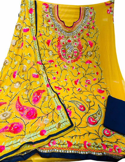 Stunning Yellow Phulkari Georgette Suit Set with Hand Embroidery - Luxurion World