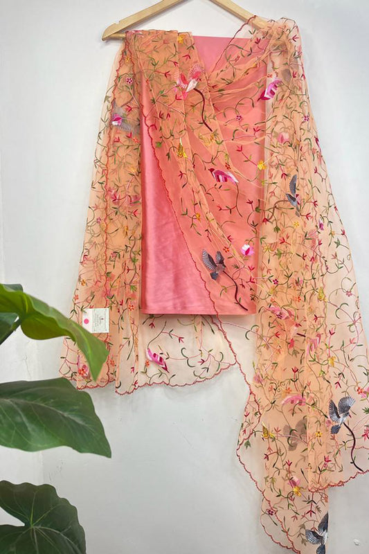 Pink Pure Silk Three Piece Unstitched Suit Set With Parsi Embroidered Convent Work Net Dupatta - Luxurion World