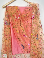 Pink Pure Silk Three Piece Unstitched Suit Set With Parsi Embroidered Convent Work Net Dupatta - Luxurion World