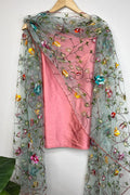 Pink Pure Silk Three Piece Unstitched Suit Set With Parsi Embroidered Convent Work Net Dupatta - Luxurion World