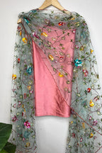 Pink Pure Silk Three Piece Unstitched Suit Set With Parsi Embroidered Convent Work Net Dupatta - Luxurion World