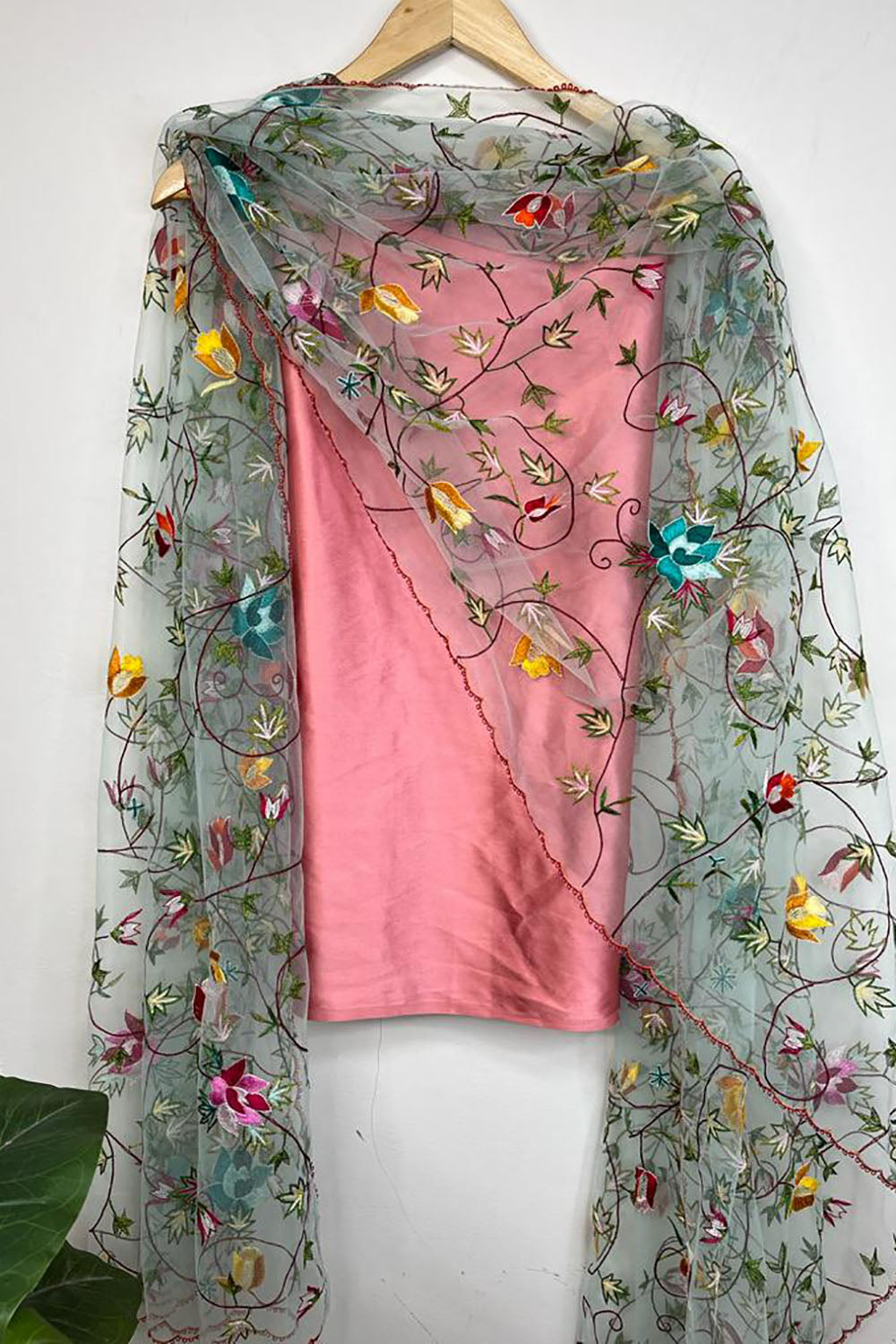 Pink Pure Silk Three Piece Unstitched Suit Set With Parsi Embroidered Convent Work Net Dupatta - Luxurion World