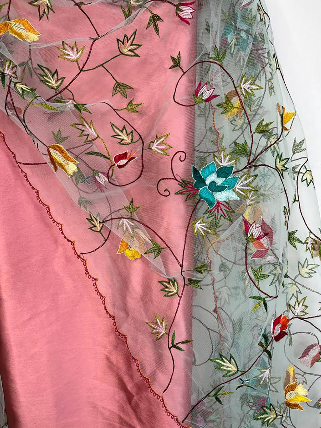 Pink Pure Silk Three Piece Unstitched Suit Set With Parsi Embroidered Convent Work Net Dupatta - Luxurion World