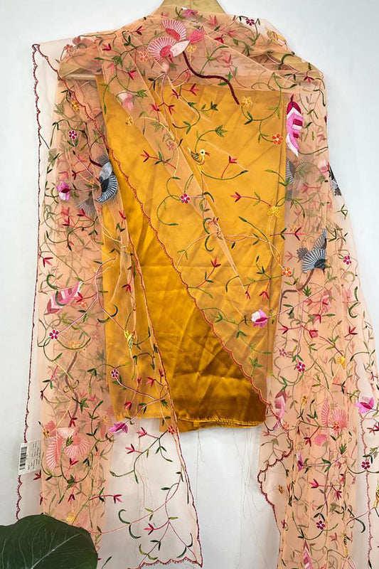 Yellow Pure Silk Three Piece Unstitched Suit Set With Parsi Embroidered Convent Work Net Dupatta - Luxurion World